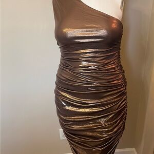 Fashion Nova Metallic Bronze One-Shoulder Dress